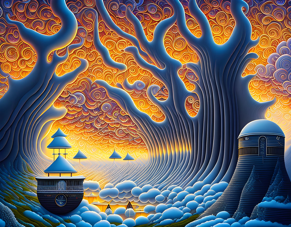 Surreal landscape with stylized sun, swirling clouds, undulating waves, intricate trees, and