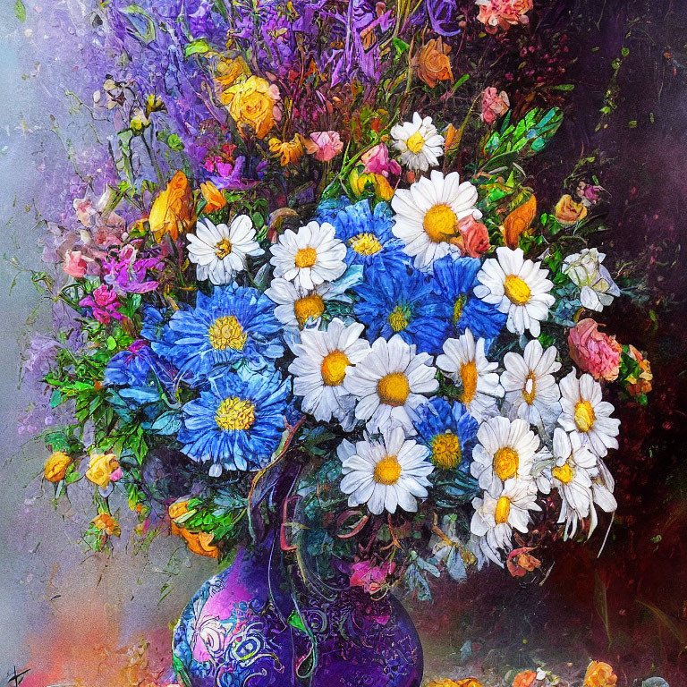 Colorful bouquet of daisies and roses in decorative vase on textured backdrop