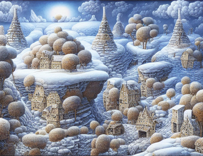 Detailed surreal winter landscape with snow-covered trees, houses, and hills under a glowing moon.