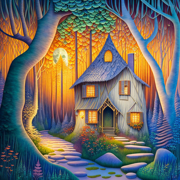 Illustration of illuminated cottage in enchanted forest at night