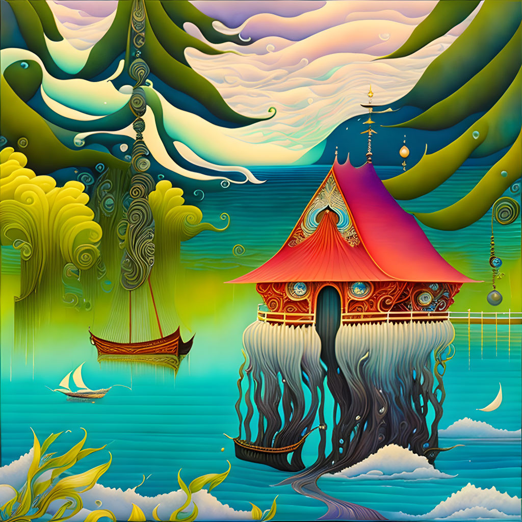 Whimsical house on tree over water with boat, swirling clouds, green hills