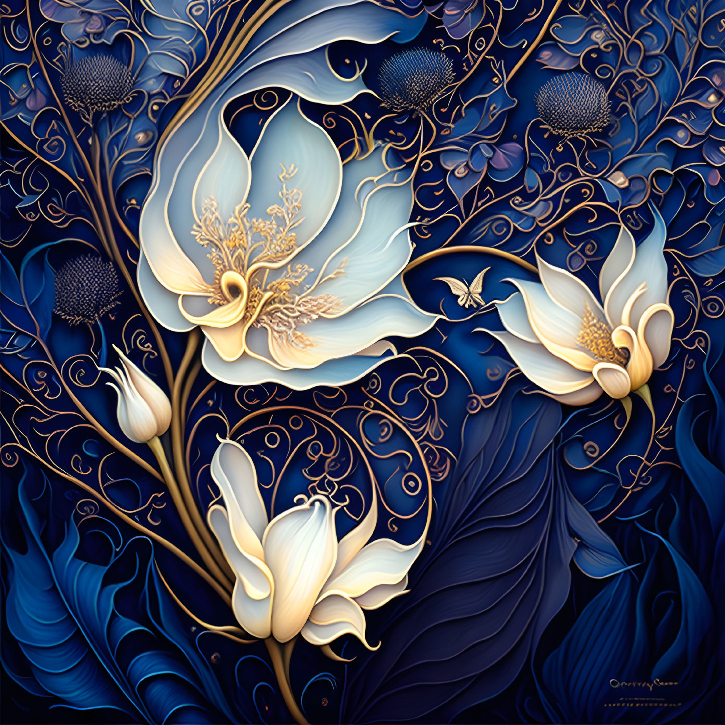 Stylized artwork: Gold-accented white flowers, butterfly on dark blue background