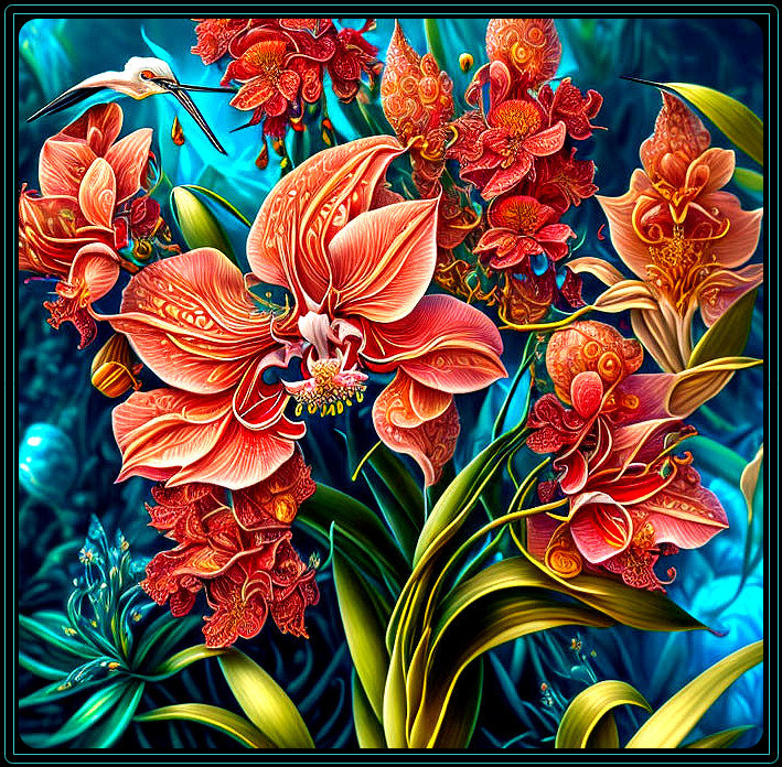 Detailed digital artwork: Exotic orange flowers, lush greenery, and white bird.