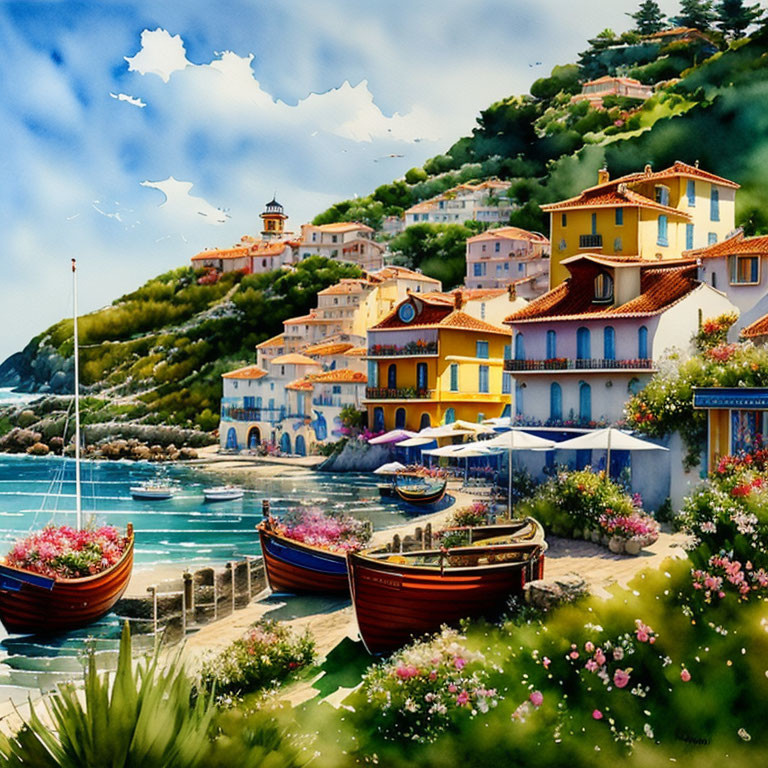 Picturesque coastal village with colorful buildings, lush greenery, and boats on crystal-clear water