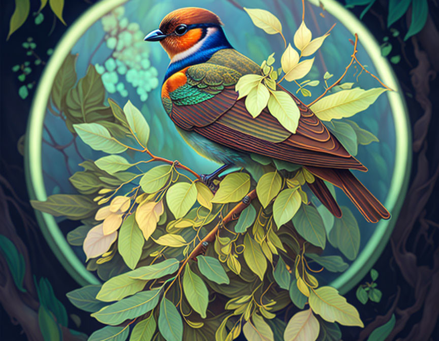 Colorful Bird Illustration on Branch in Circular Frame