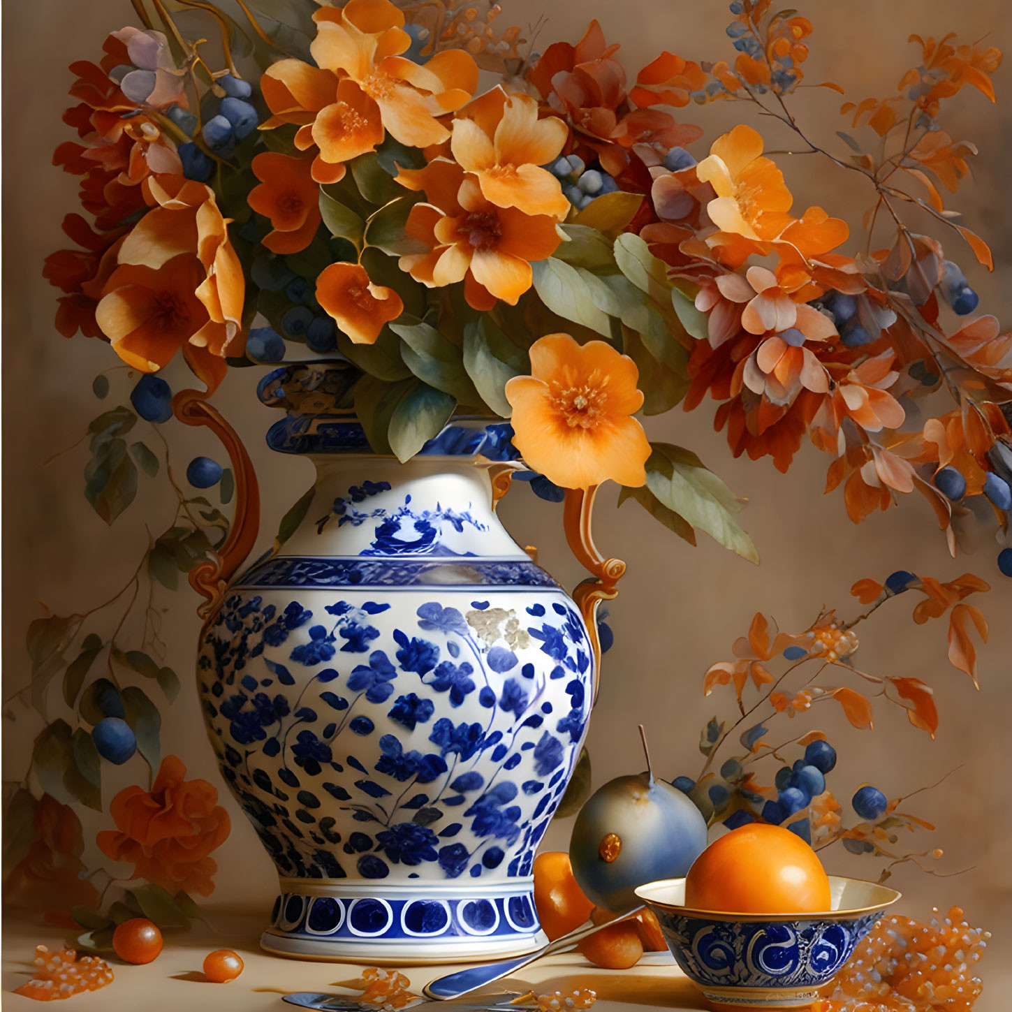 Blue and White Porcelain Vase with Orange Flowers and Fruit on Neutral Background