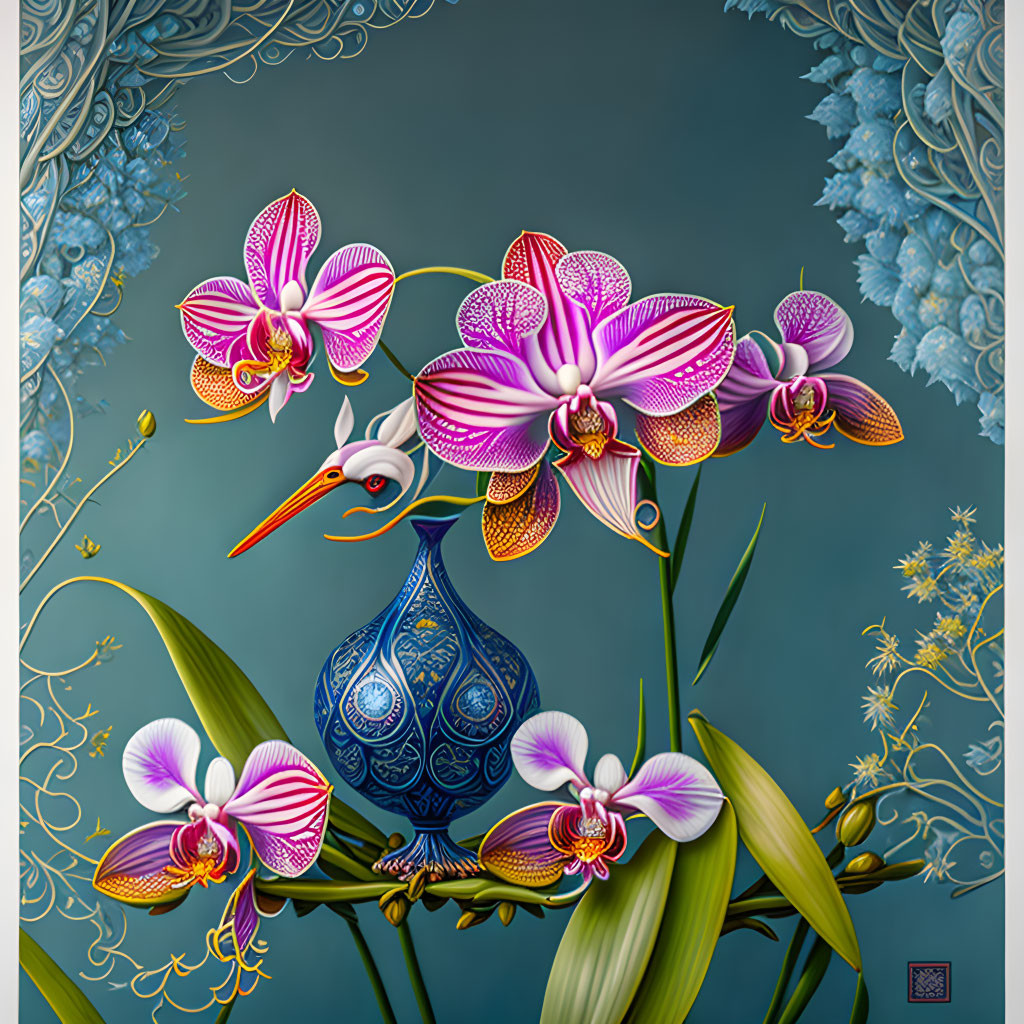 Colorful digital artwork: Pink orchids in blue vase on floral background