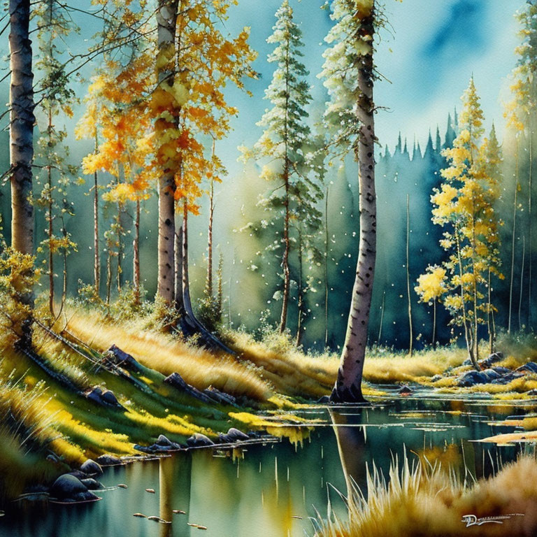 Tranquil autumn forest with birch trees and calm river