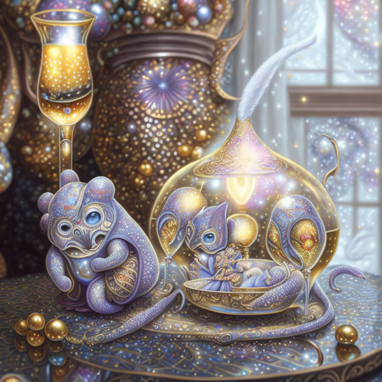 Stylized creatures in a magical fantasy artwork with glowing orbs