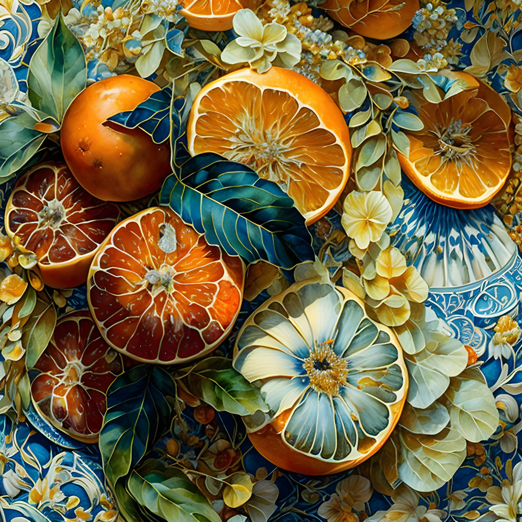 Colorful Still Life with Sliced Oranges, Green Leaves, White Flowers, and Blue Background