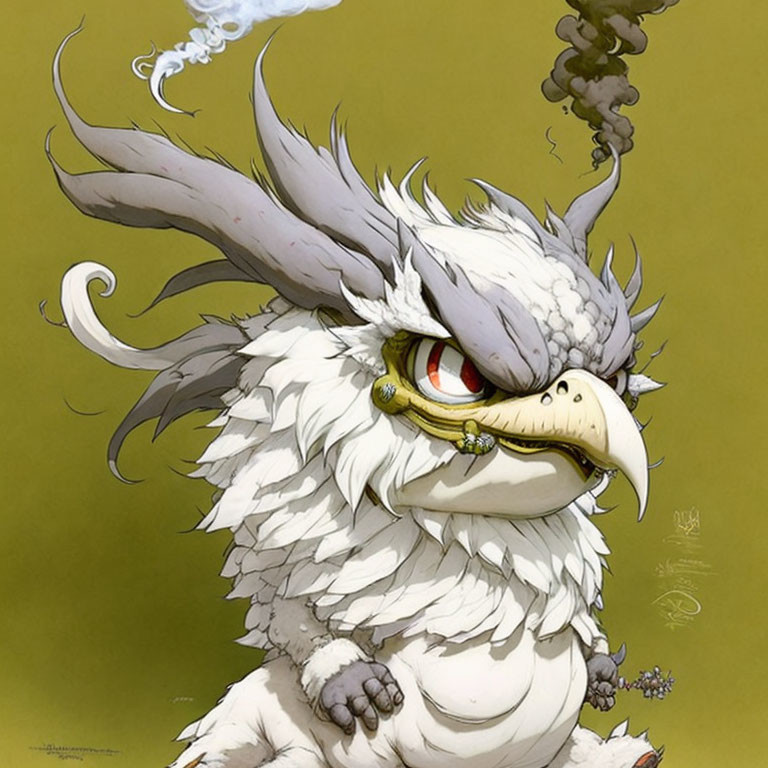 Mythical creature with hooked beak, yellow eyes, large horns, white feathers, and smoking