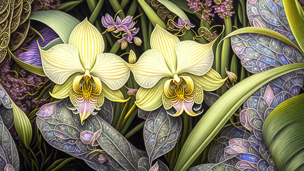 Detailed illustration of vibrant orchids in tropical setting with intricate patterns on petals and lush greenery