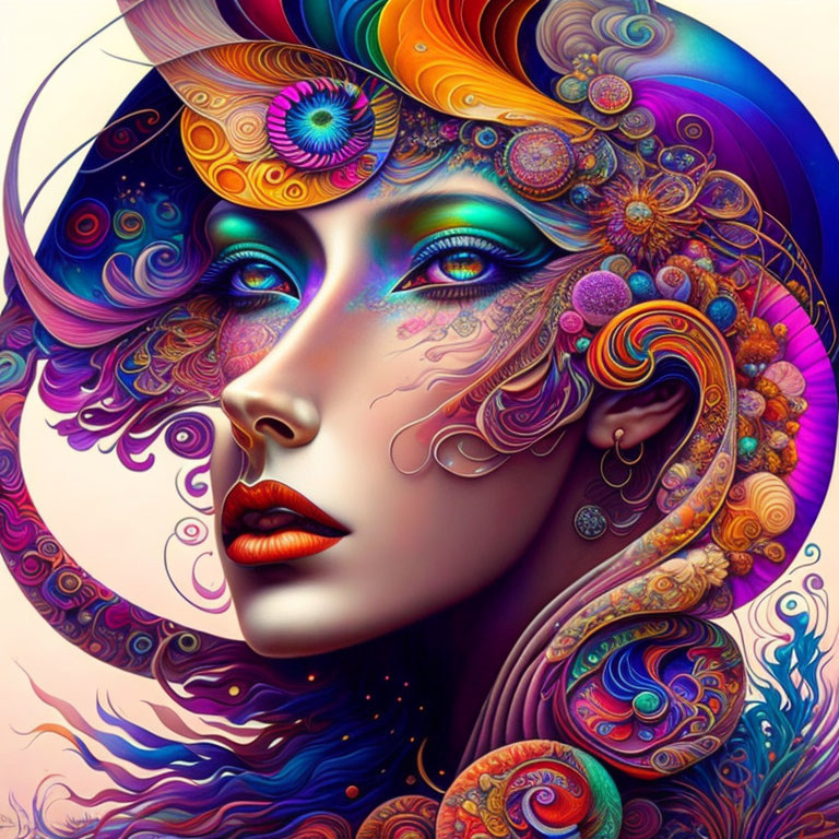 Colorful psychedelic portrait of a woman with intricate patterns and swirling designs.