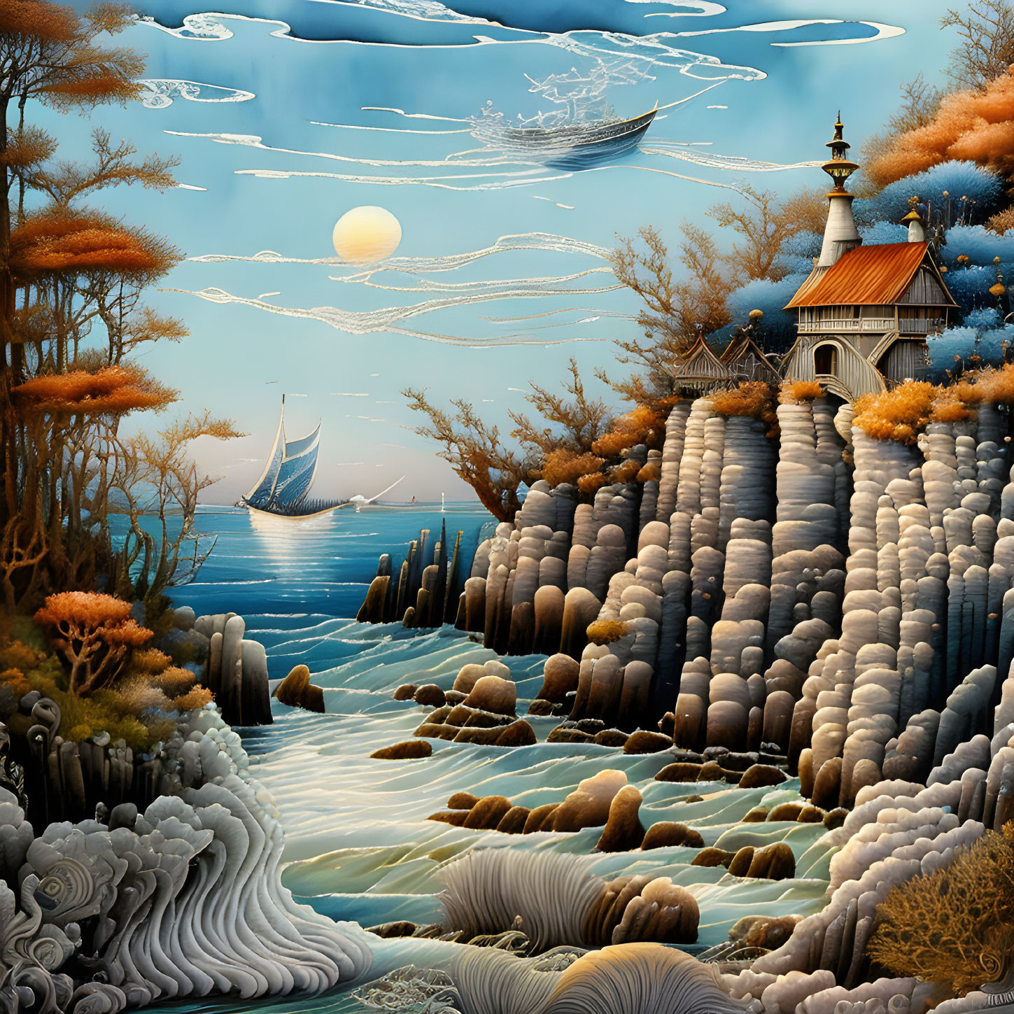 Fantastical landscape with cliffside chapel and sailing ships