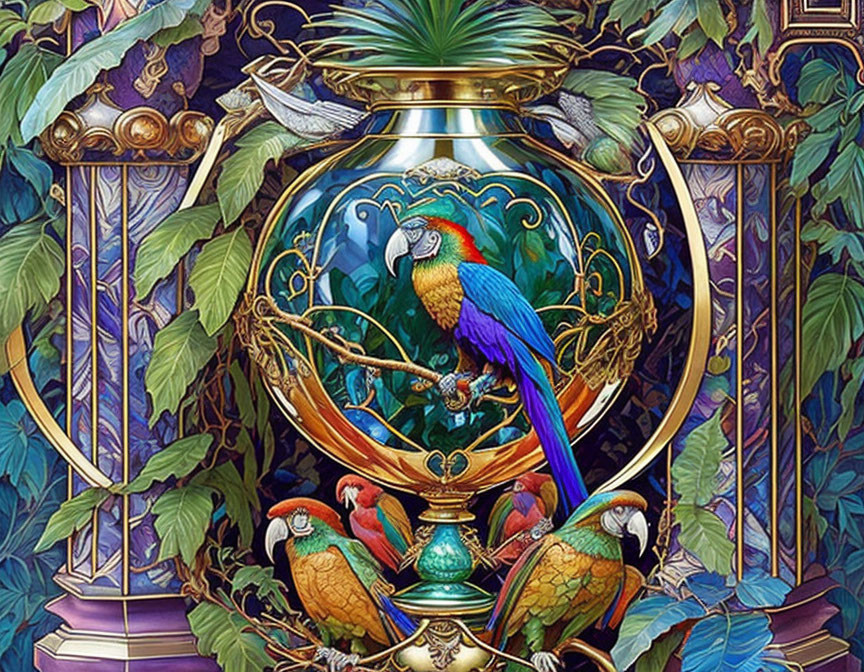 Detailed illustration of colorful parrot on lavishly adorned birdcage with foliage & floral motifs