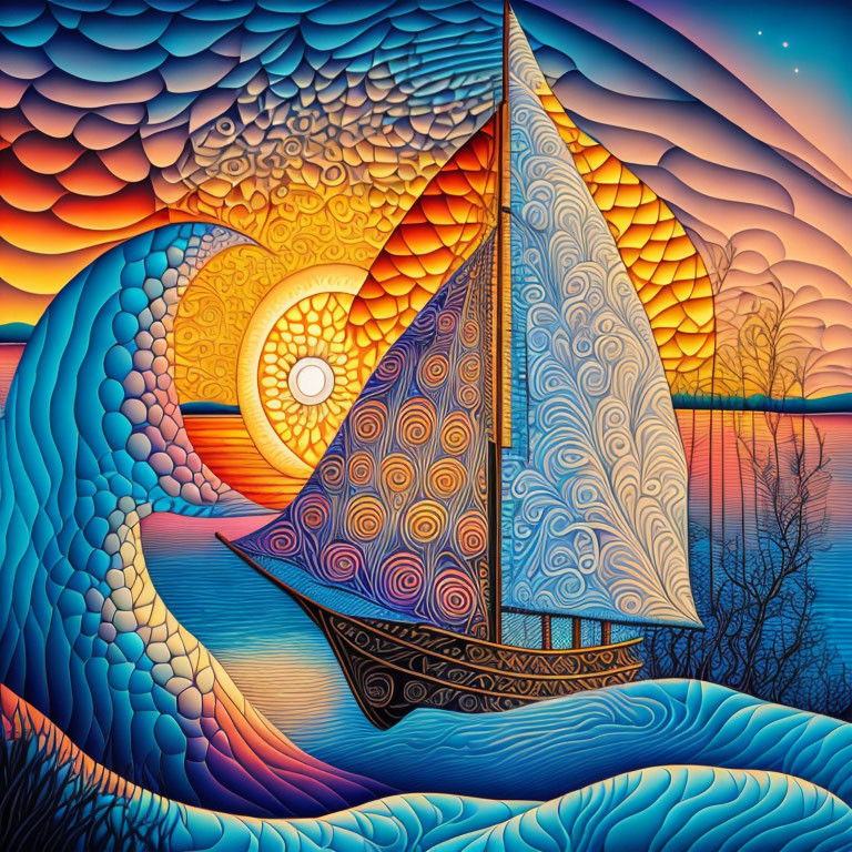 Sailboat on Water at Sunset with Vibrant Stylized Design