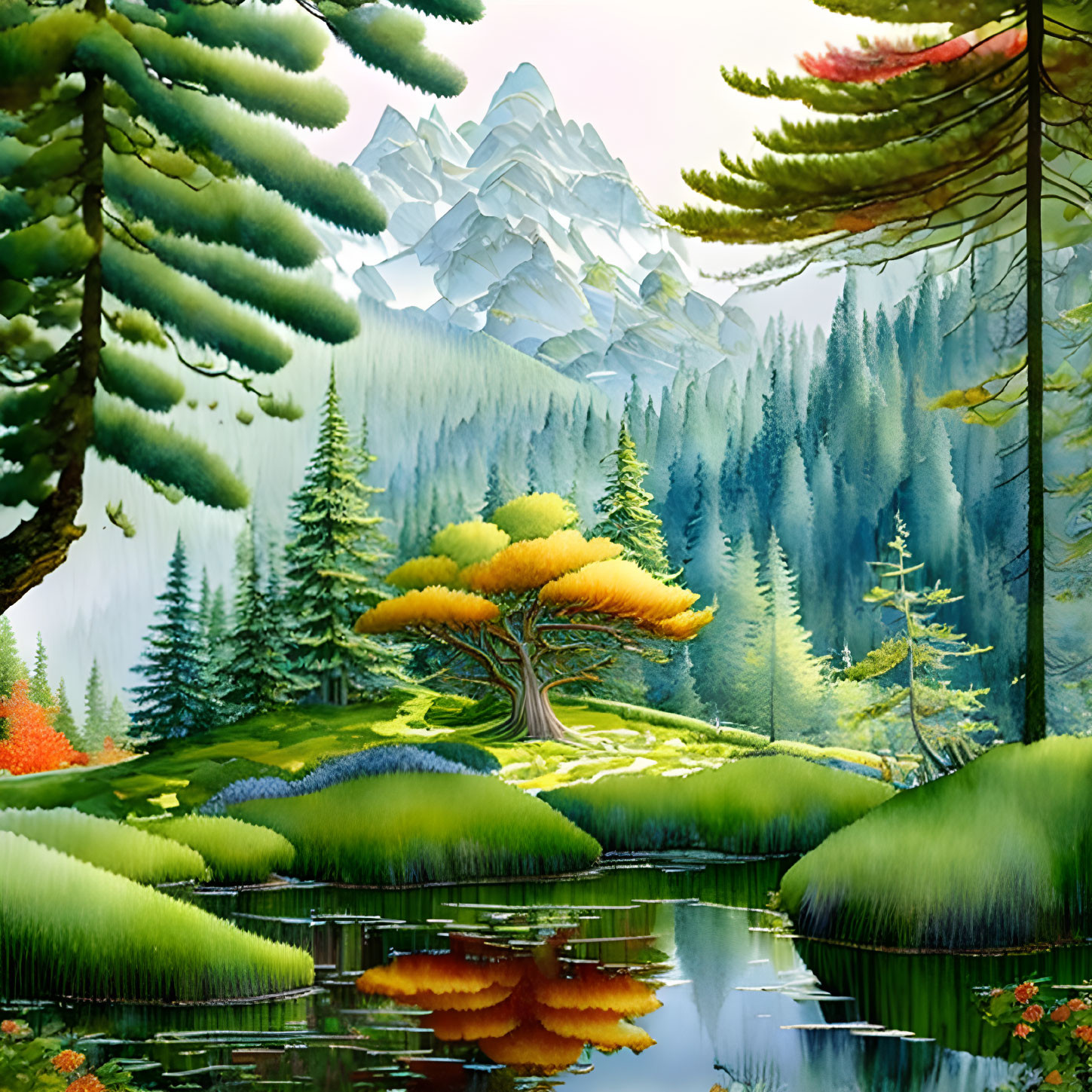 Serene forest illustration with lake, trees & snowy mountains