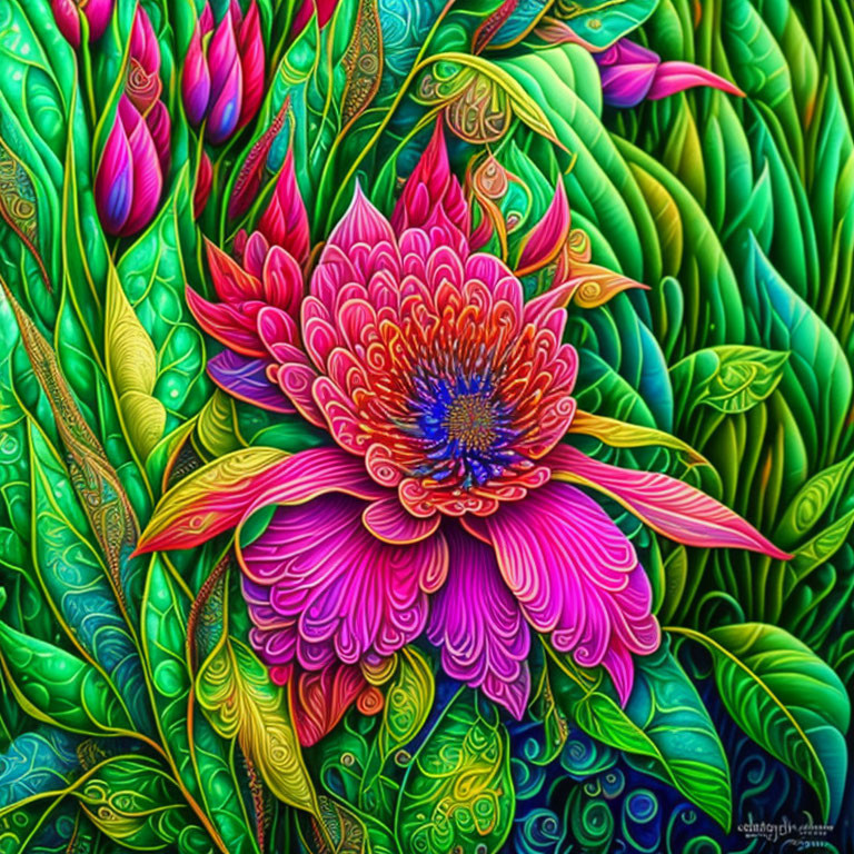 Colorful stylized flower with intricate patterns and blue center surrounded by green leaves.