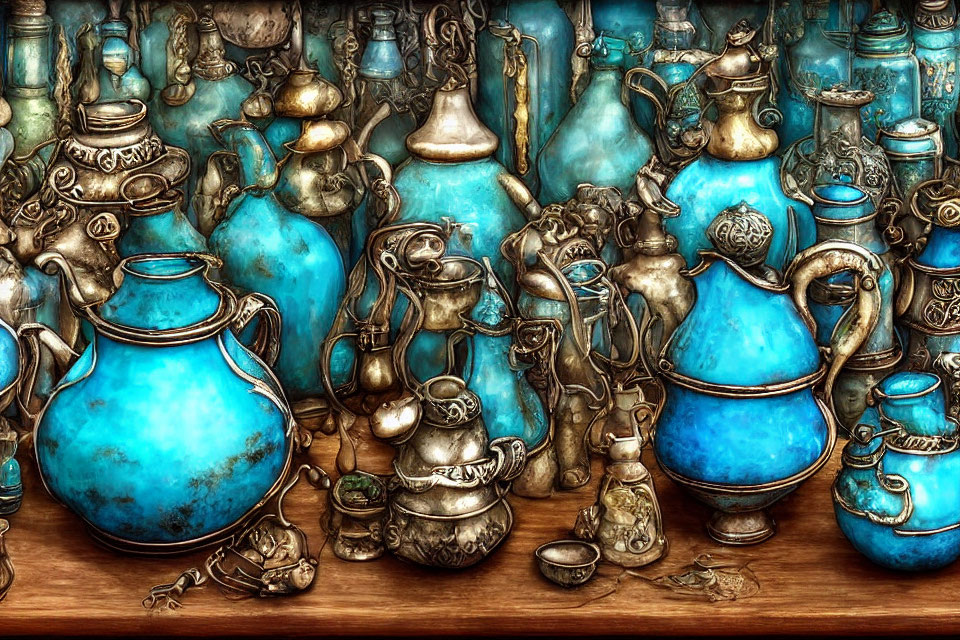 Collection of Antique Blue and Bronze Teapots, Kettles, and Cups on Shelf