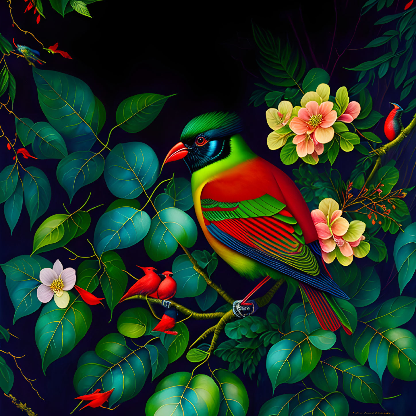 Colorful Bird Perched on Branch Amid Lush Greenery and Blooming Flowers