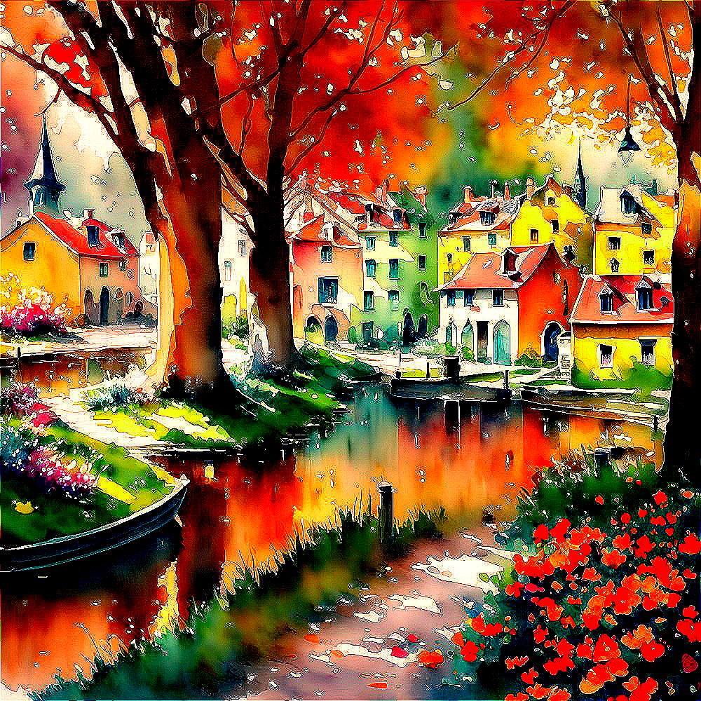 Colorful watercolor painting of riverside village with autumn trees, boat, and blooming flowers.