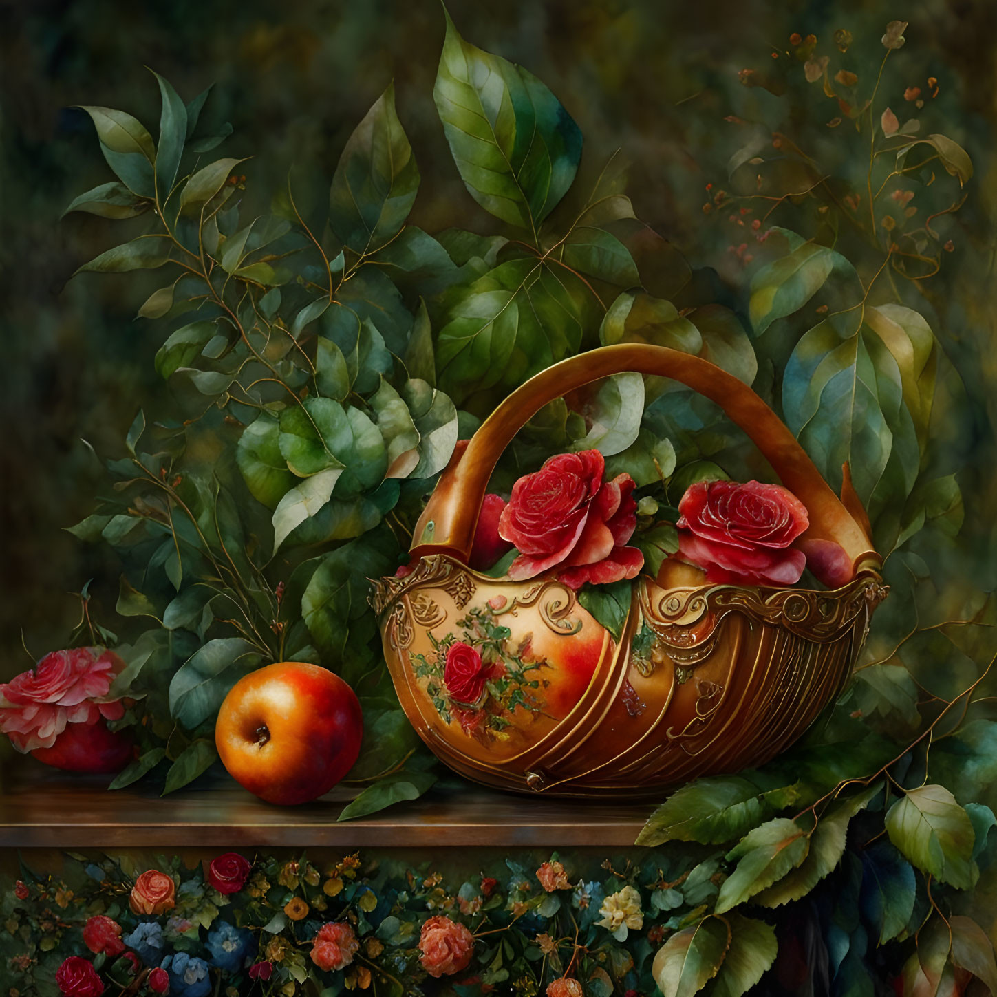 Golden basket with red roses, greenery, flowers, and ripe apple.