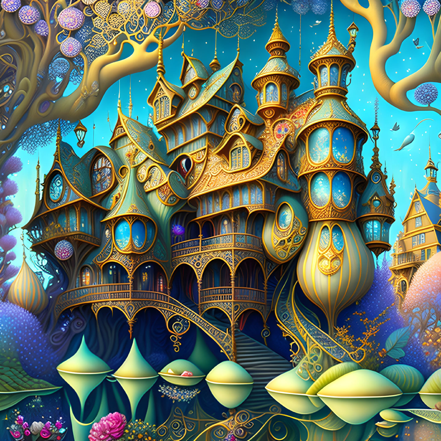 Fantasy castle in mystical forest with whimsical trees