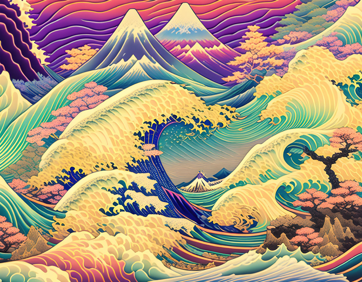 Colorful art: Waves crashing with mountains