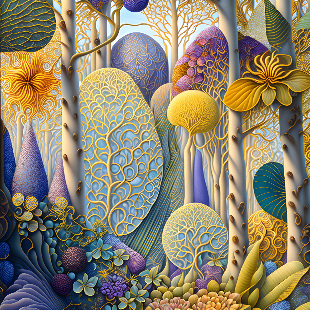 Detailed Illustration of Fantastical Trees and Plants in Blue, Yellow, and Orange