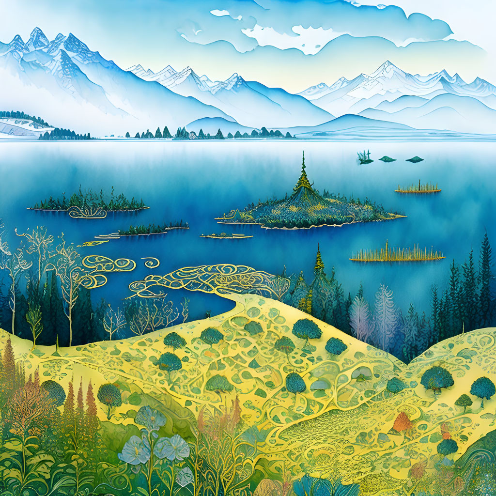 Colorful landscape illustration: floral hill, lake, islands, snowy mountains