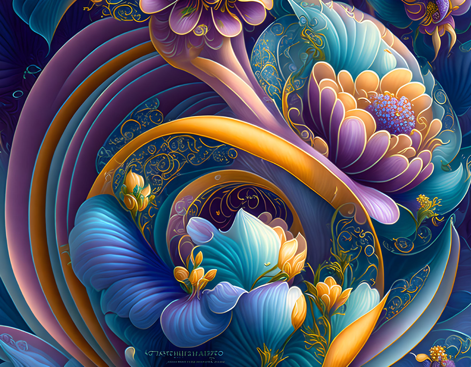 Colorful digital artwork: Ornamental flowers, swirling patterns in blue, purple, and gold