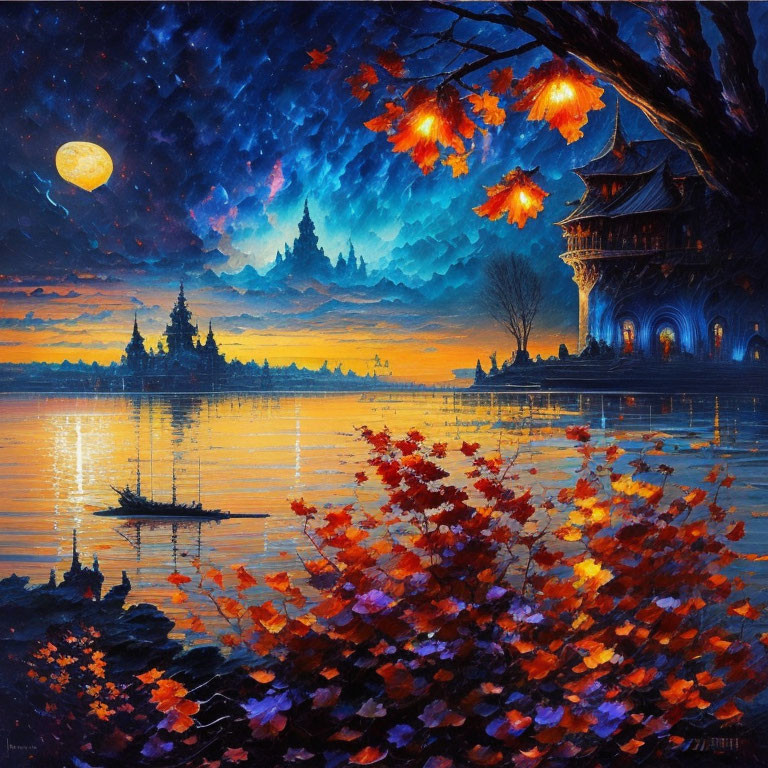 Moonlit Night Painting: Yellow Moon, Tranquil Lake, Autumn Leaves, Oriental Pavilion