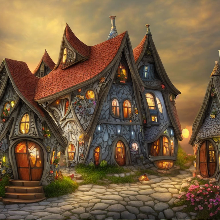 Fantasy-styled stone houses with wooden doors and shingled roofs in lush sunset landscape.