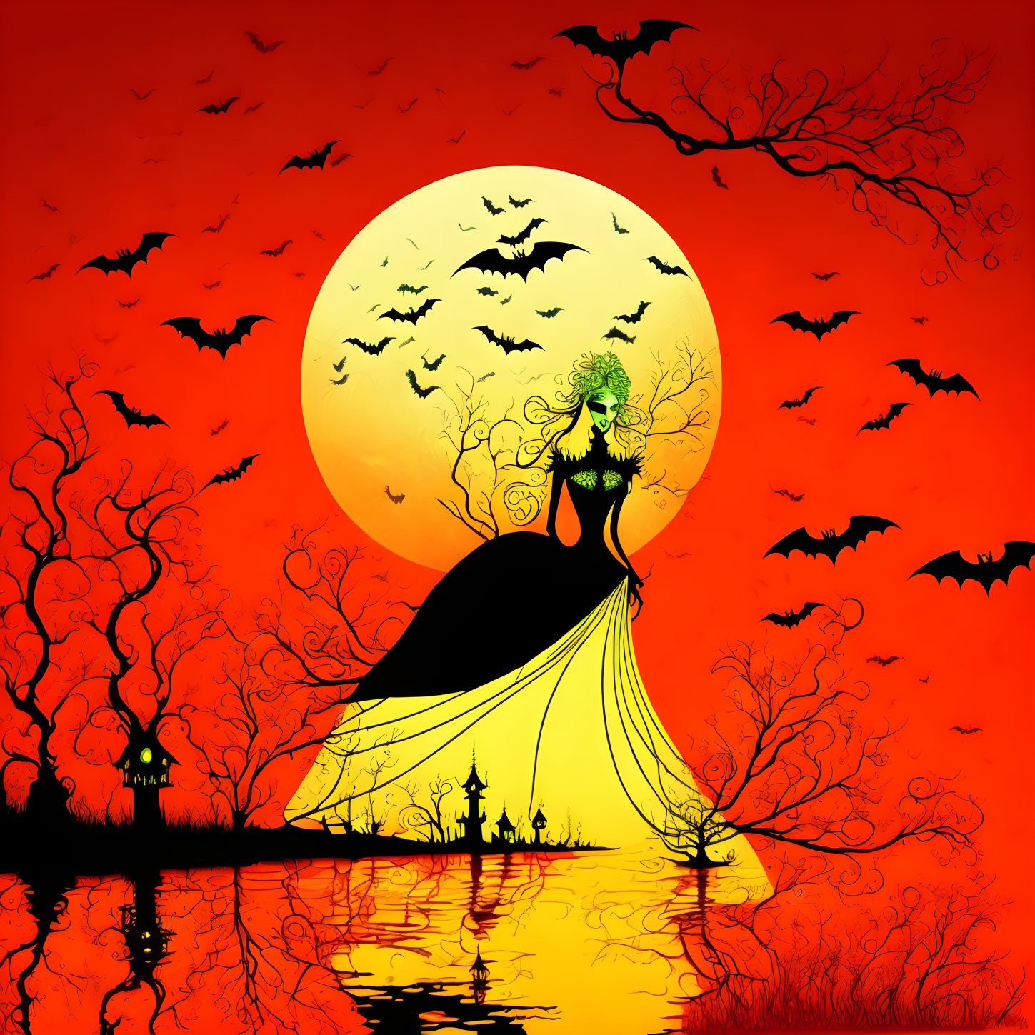 Mystical Halloween scene with woman, bats, full moon, trees, and castle reflection.