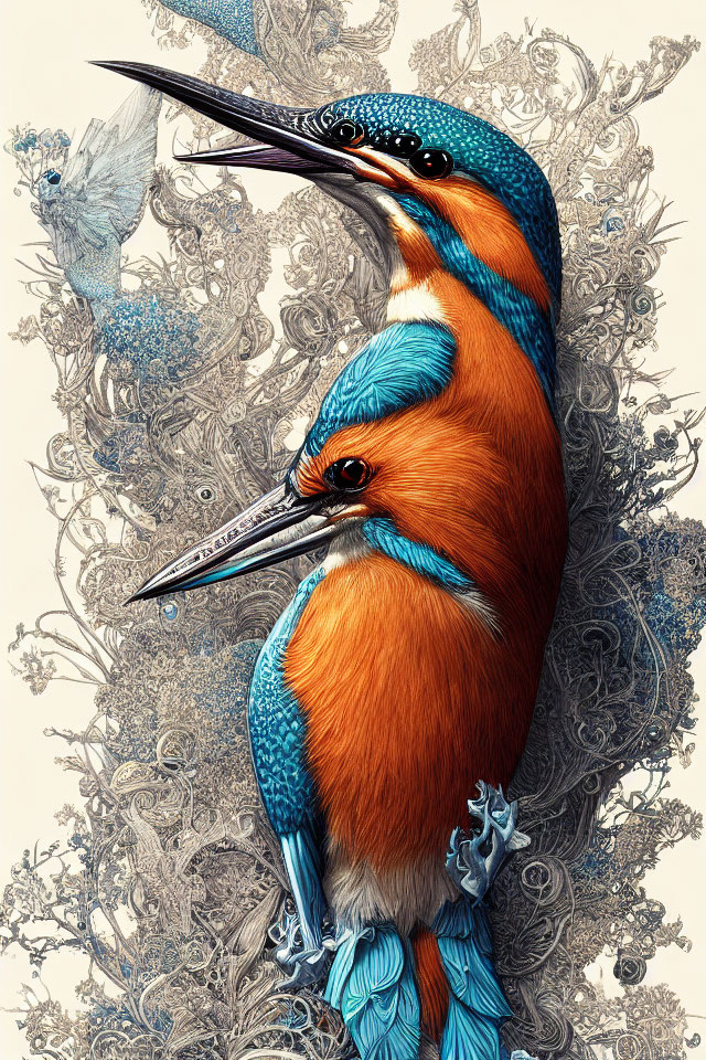 Detailed Kingfisher Illustration in Blue and Orange Feathers on Floral Background