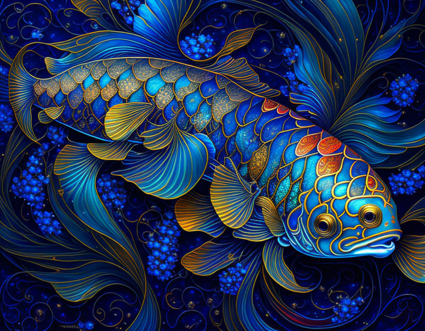 Stylized koi fish digital artwork in blues and golds