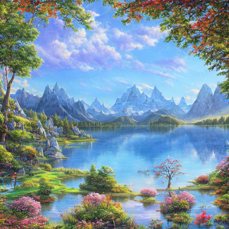 Snow-capped mountains reflected in serene lake with colorful flora and lush greenery.