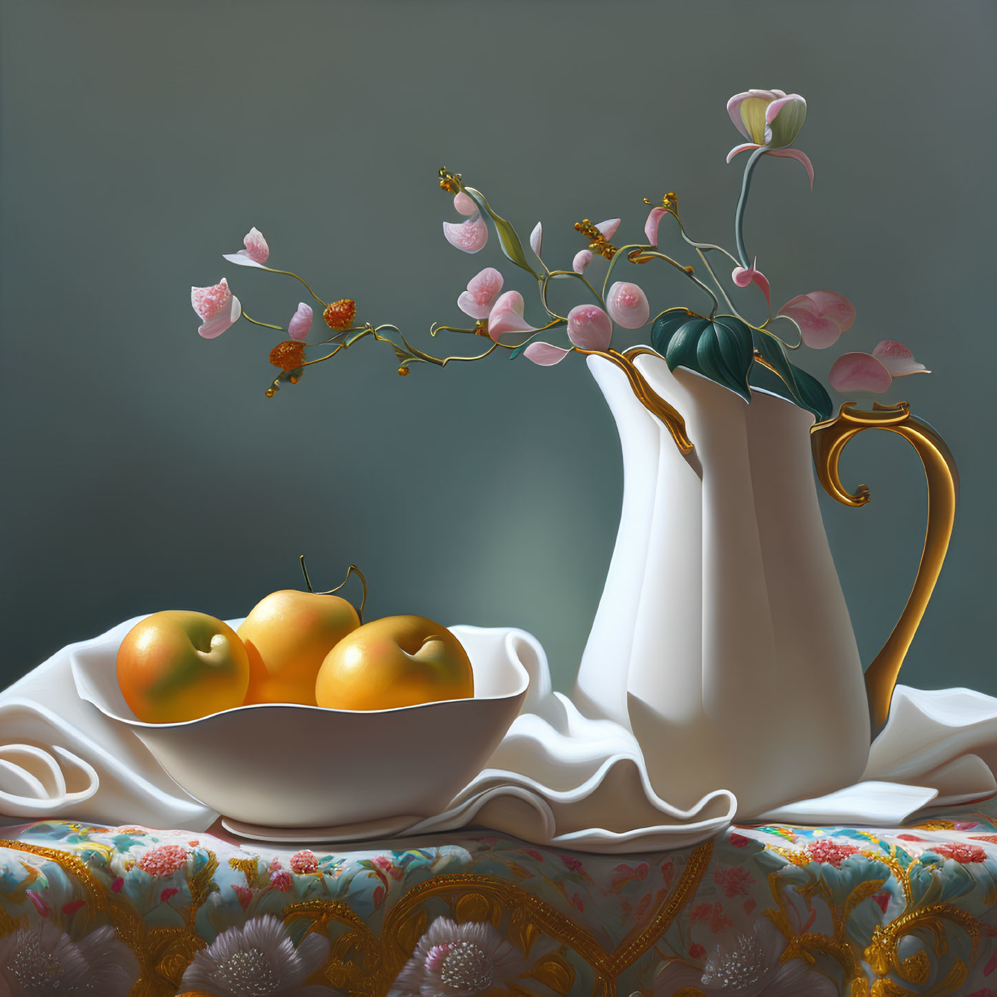 White porcelain pitcher with golden handle and pink flowers next to oranges on embroidered cloth