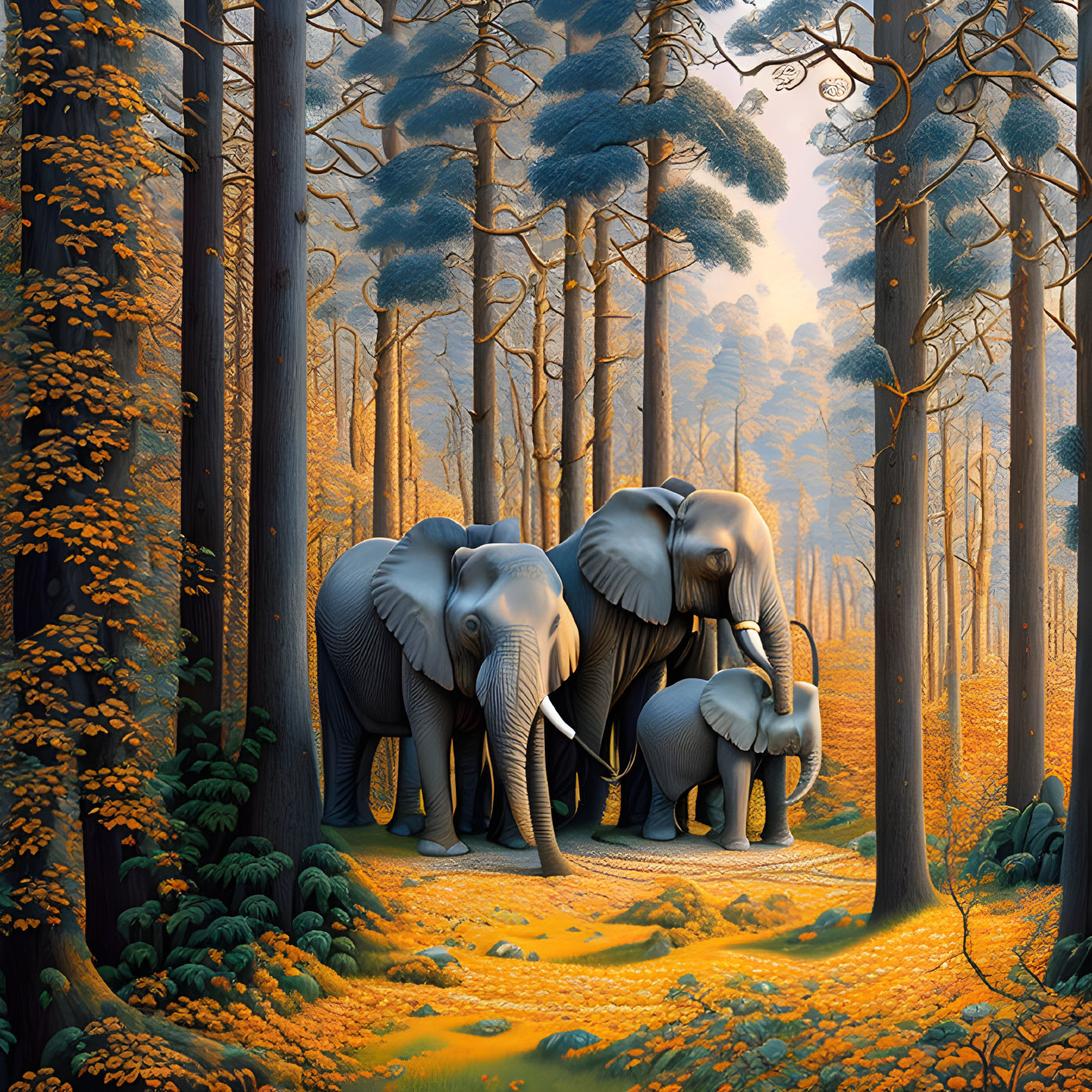 Elephant Family in Vibrant Golden Forest