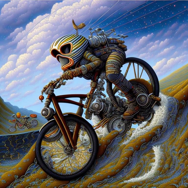 Surreal robotic figure on bicycle under starry sky