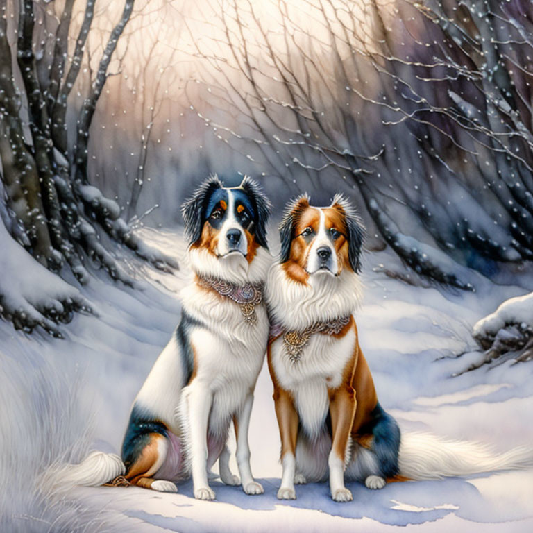 Australian Shepherd Dogs in Snowy Landscape with Bare Trees