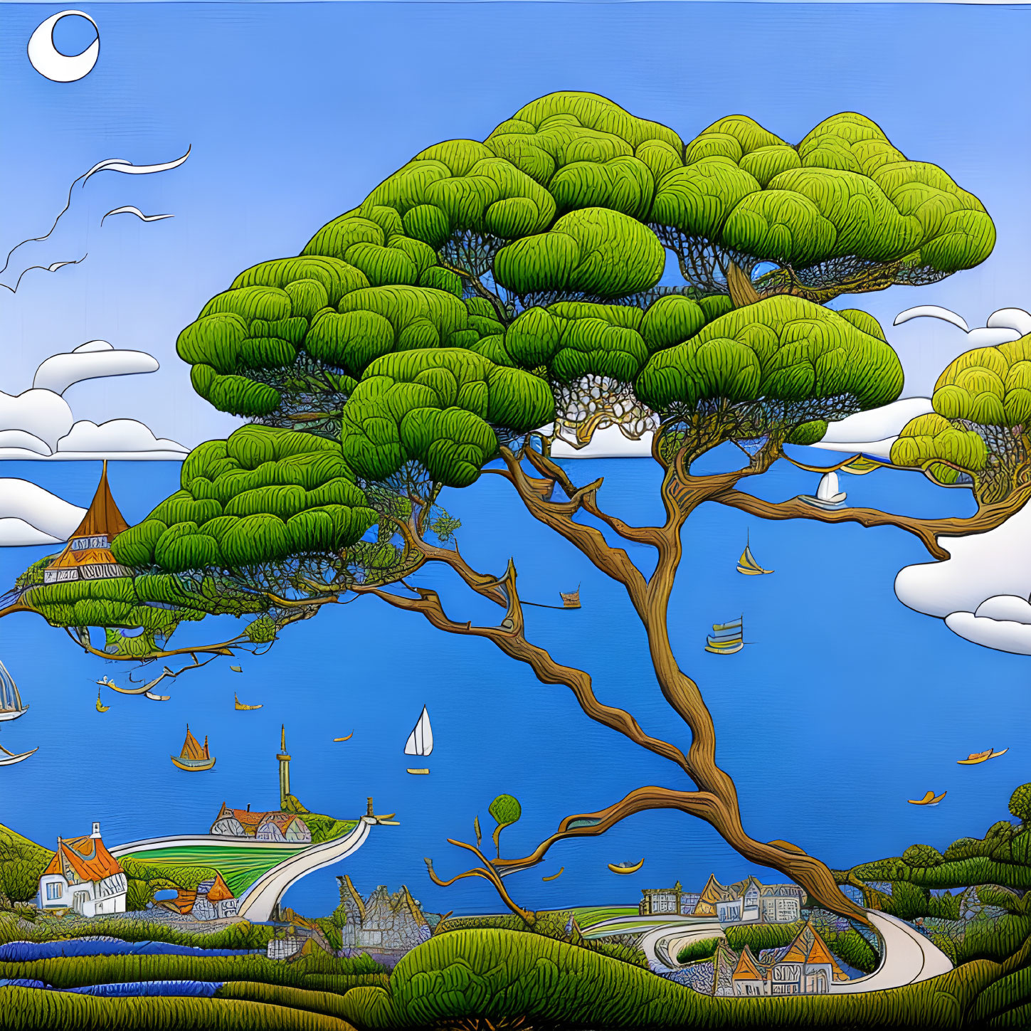 Colorful stylized illustration: Oversized tree in coastal village