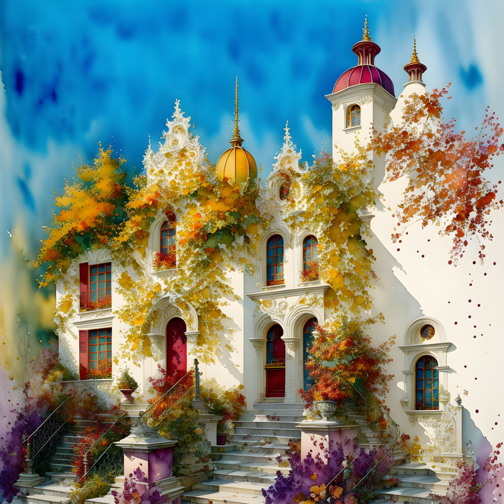 Picturesque white building with red roofs in autumn setting