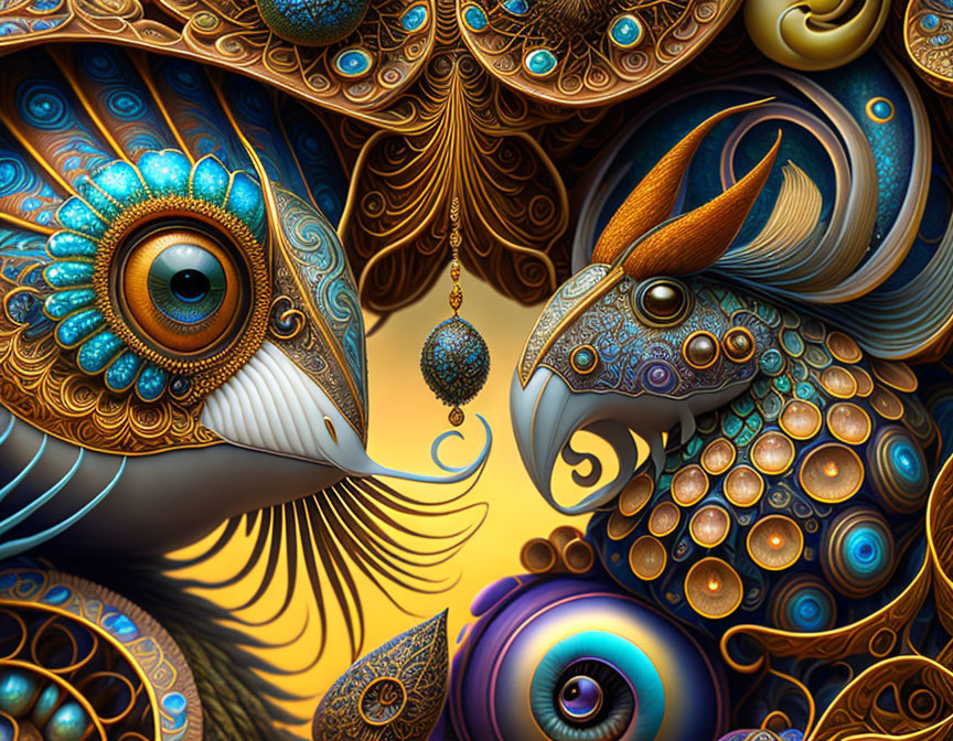 Ornate fantastical birds with intricate feather patterns on golden backdrop