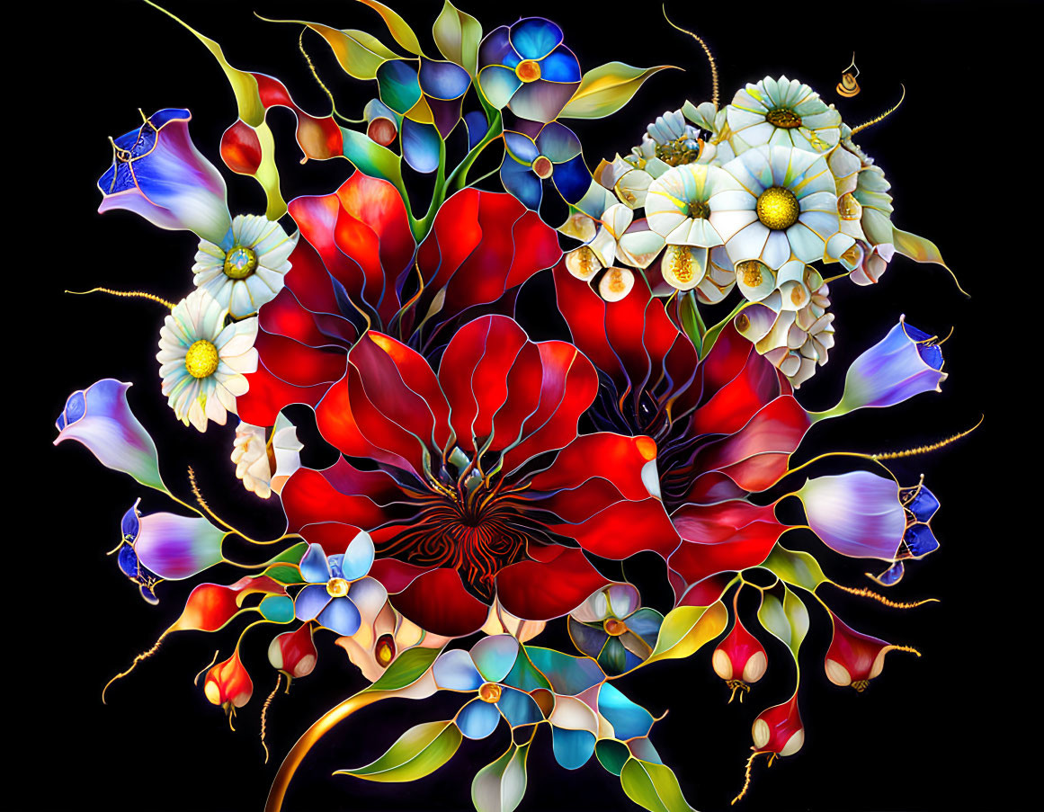 Colorful Flowers and Leaves Digital Artwork on Black Background