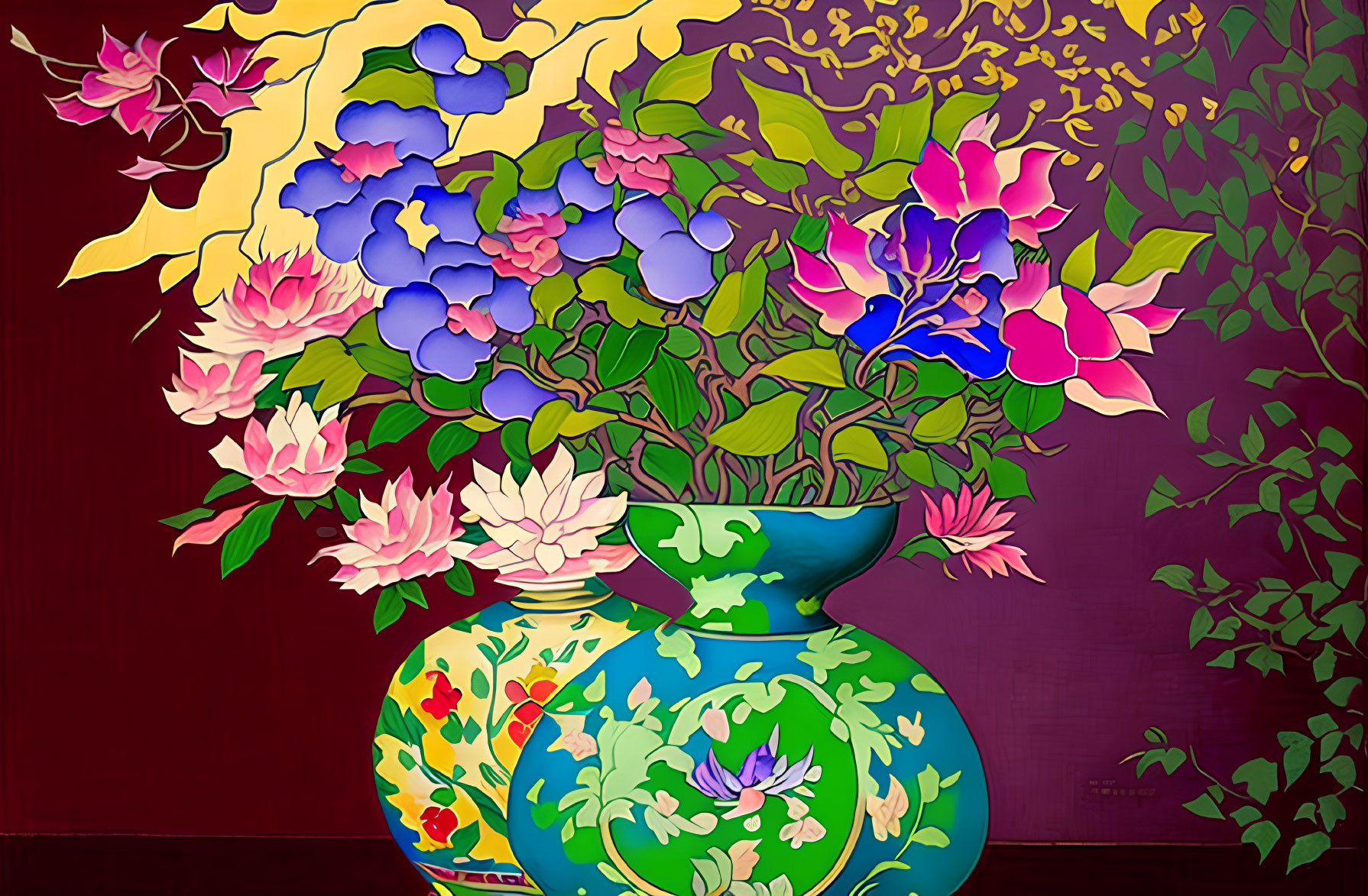 Vibrant flower vases painting on red background with blues, pinks, and yellows