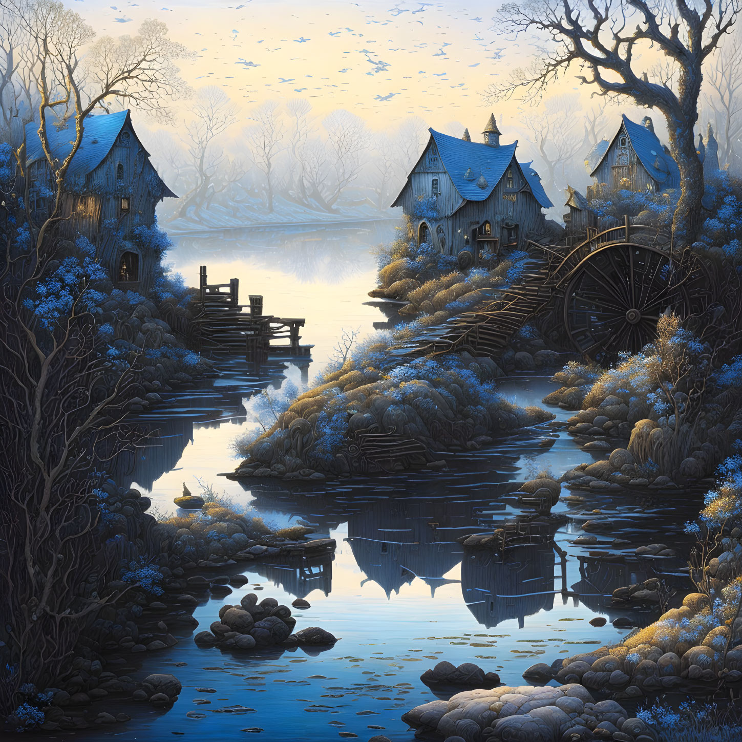 Serene village at twilight with rustic houses, watermill, and misty river