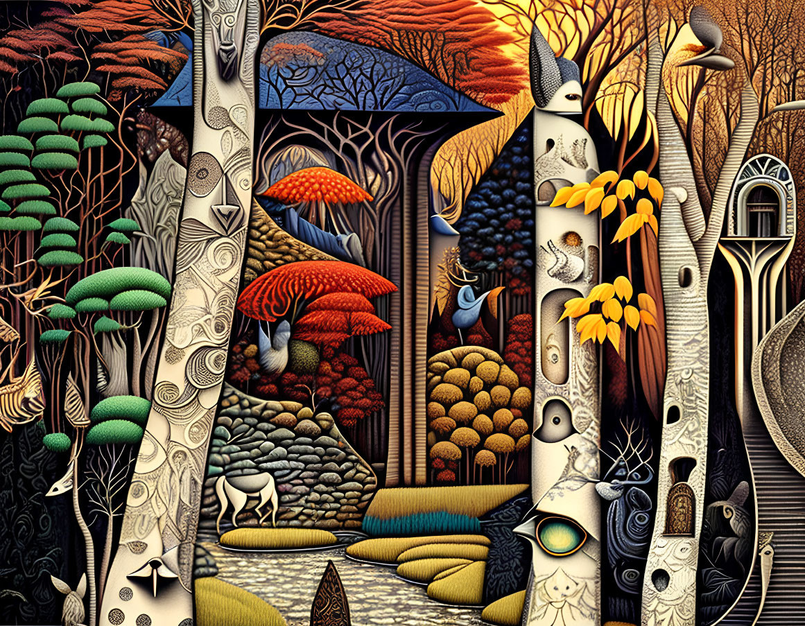 Colorful Fantasy Landscape with Stylized Trees and Creatures