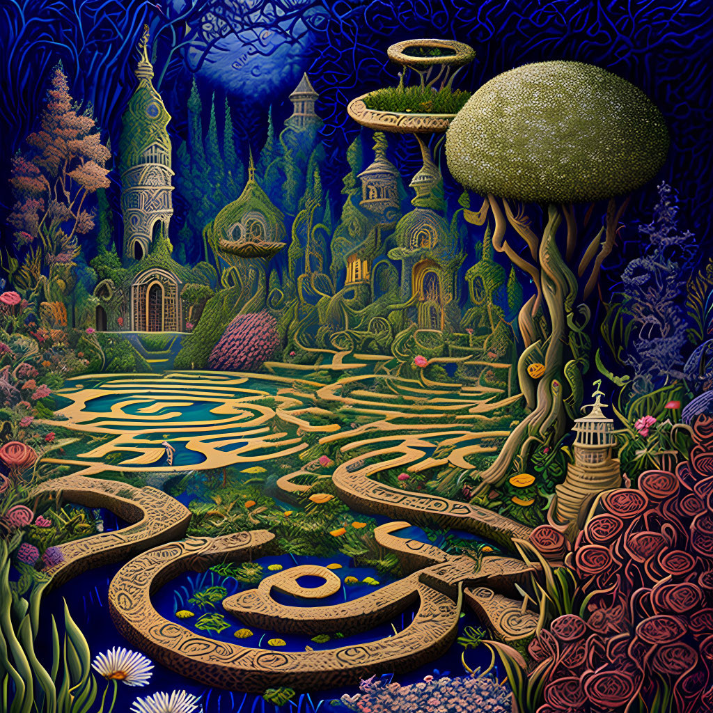 Fantasy landscape with vibrant foliage, whimsical architecture, large mushroom, and spiraled pathways in mystical