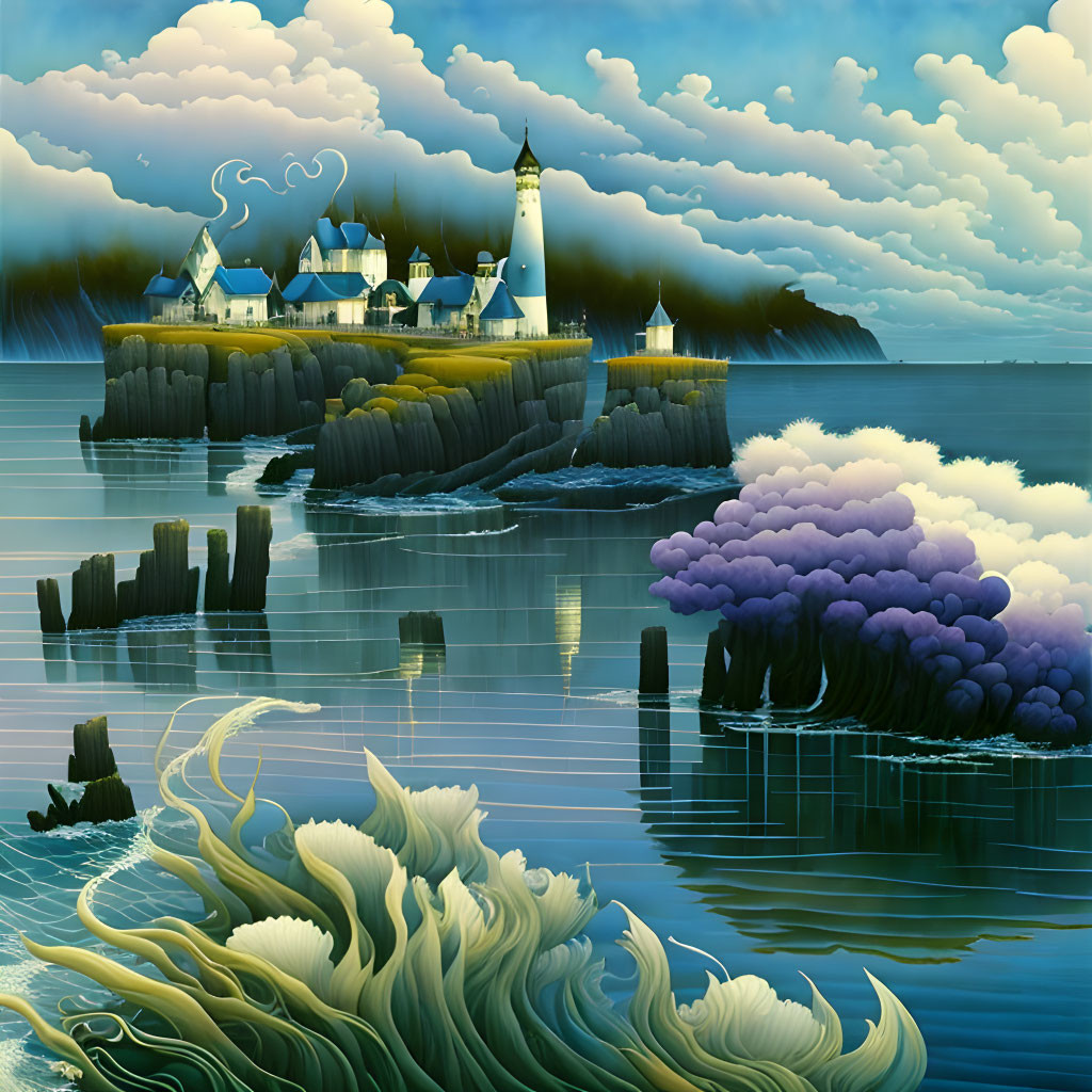 Fantasy coastal scene with cliffs, lighthouse, castle, waves, and clouds in surreal painterly